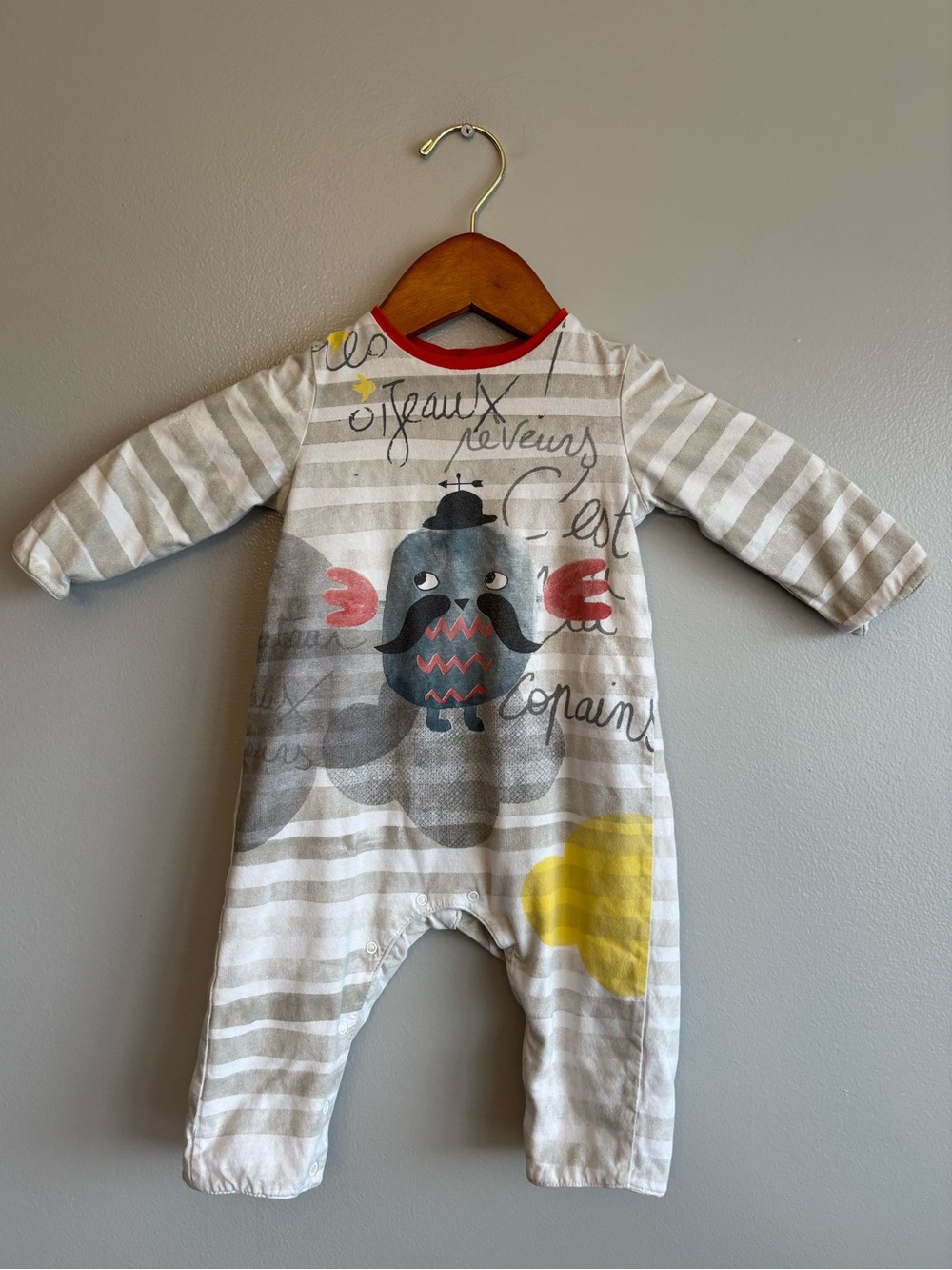 Catimini "Oiseaux Rêveurs / C'est Copain" Baby Jumpsuit 12 Month Gray Red France